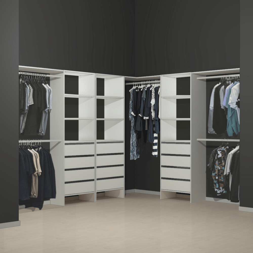 White Walk-In Wardrobe Organiser with 12 Drawers and 9 Shelves and 5 hanging rails