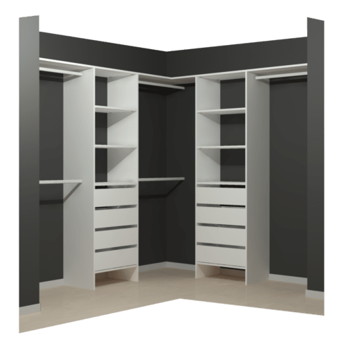 Walk In Wardrobe Organiser with 8 White Drawers and 6 White Shelves and 5 hanging rails