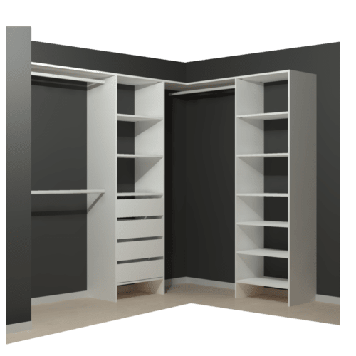 Walk In Wardrobe Organiser with 4 White Drawers and 6 White Shelves and 3 hanging rails