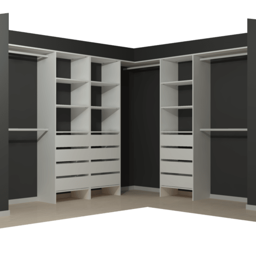 White Walk In Wardrobe System with 12 drawers along 2 walls