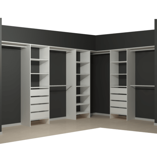 Walk In Wardrobe Organiser with 8 White Drawers and 12 White Shelves and 6 hanging rails