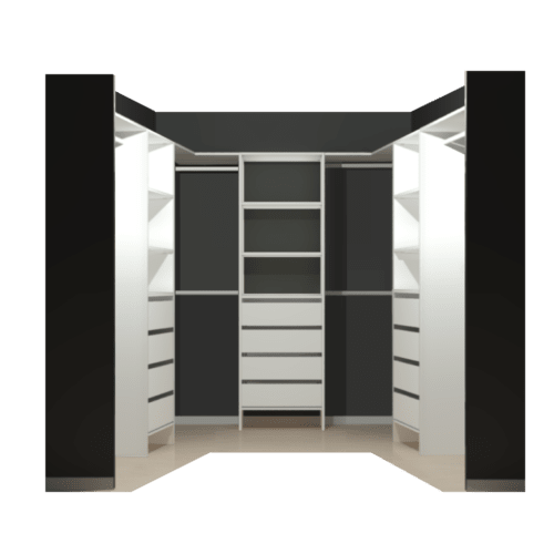 White Walk in Wardrobe System with 12 Drawers along 3 walls