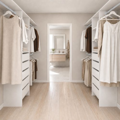 Easy Aspiring 600 walk-in duo drawers wardrobe system across two opposing walls with soft-close drawers