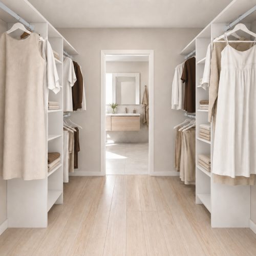 Easy Aspiring 600 walk-in duo shelves wardrobe system across two opposing walls with spacious shelving