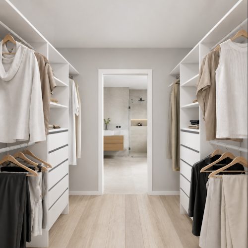 Easy Aspiring 800 walk-in duo drawers wardrobe system across two opposing walls with soft-close drawers