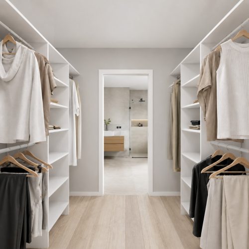 Easy Aspiring 800 walk-in duo shelves wardrobe system across two opposing walls with spacious shelving